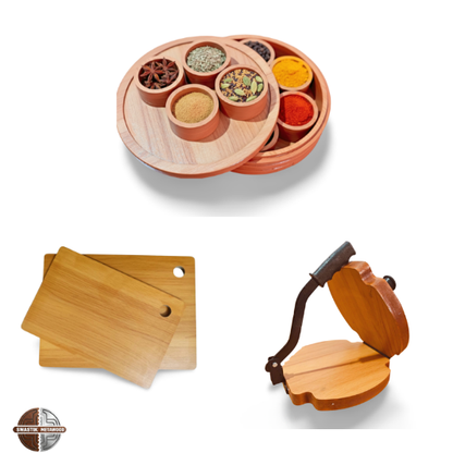 Combo Products : Wooden Spice Box / Wooden Papad Maker Machine / Wooden Chopping Board