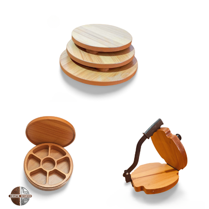 Combo Products : Wooden Kitchen Spice Box / Wooden Papad Maker Machine / Wooden Roti Board