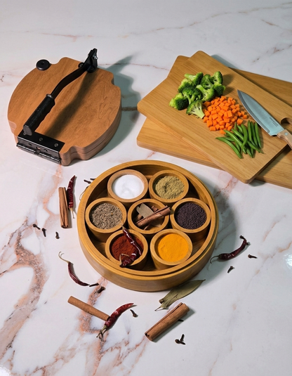 Combo Products : Wooden Kitchen Spice Box / Wooden Papad Maker Machine / Wooden Chopping Board