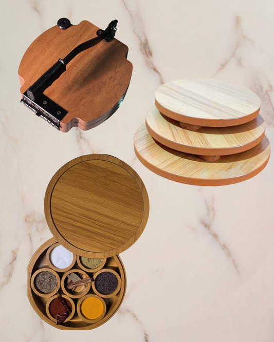 Combo Products : Wooden Spice Box / Wooden Papad Maker Machine / Wooden Roti Board
