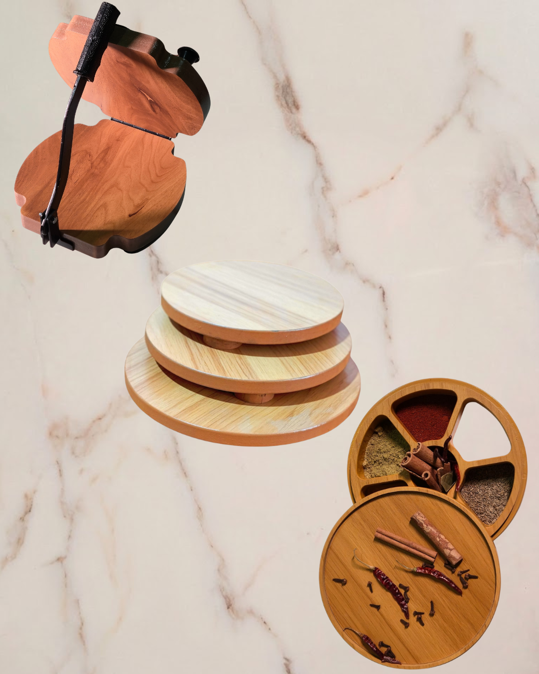 Combo Products : Wooden Kitchen Spice Box / Wooden Papad Maker Machine / Wooden Roti Board